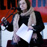 Photograph of Bernadette McAliskey addressing the crowd at the end of the Bloody Sunday march for Justice 2014.